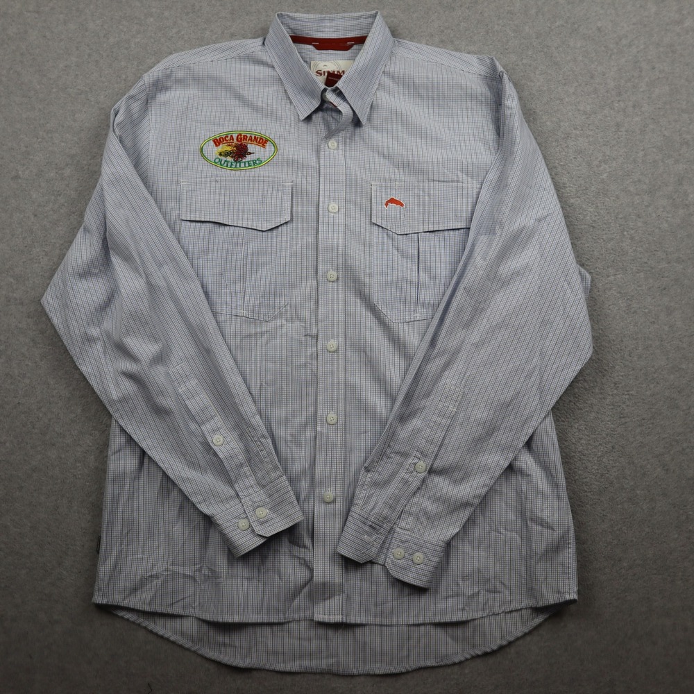 Simms Fishing Shirt Mens Medium Long Sleeve Blue Micro Check Boca Grande Patch